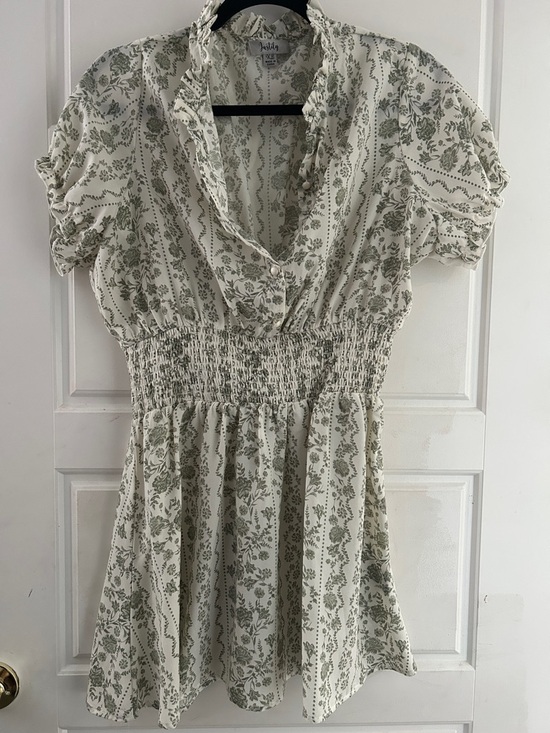 Tops - Smocked Waist Floral Shirt  — Sage on Cream